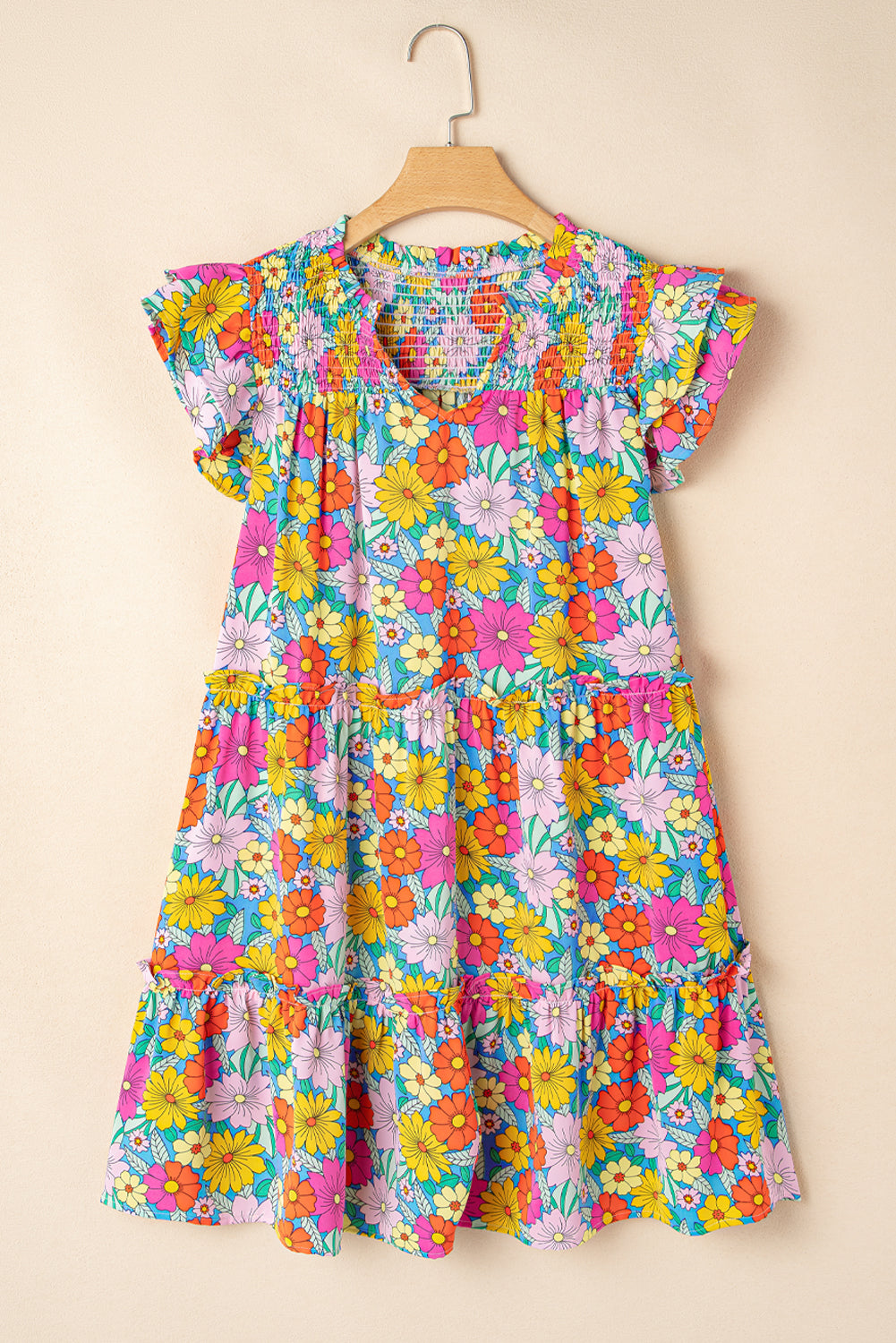 Floral Print Smocked Flutter Sleeve Mini Dress