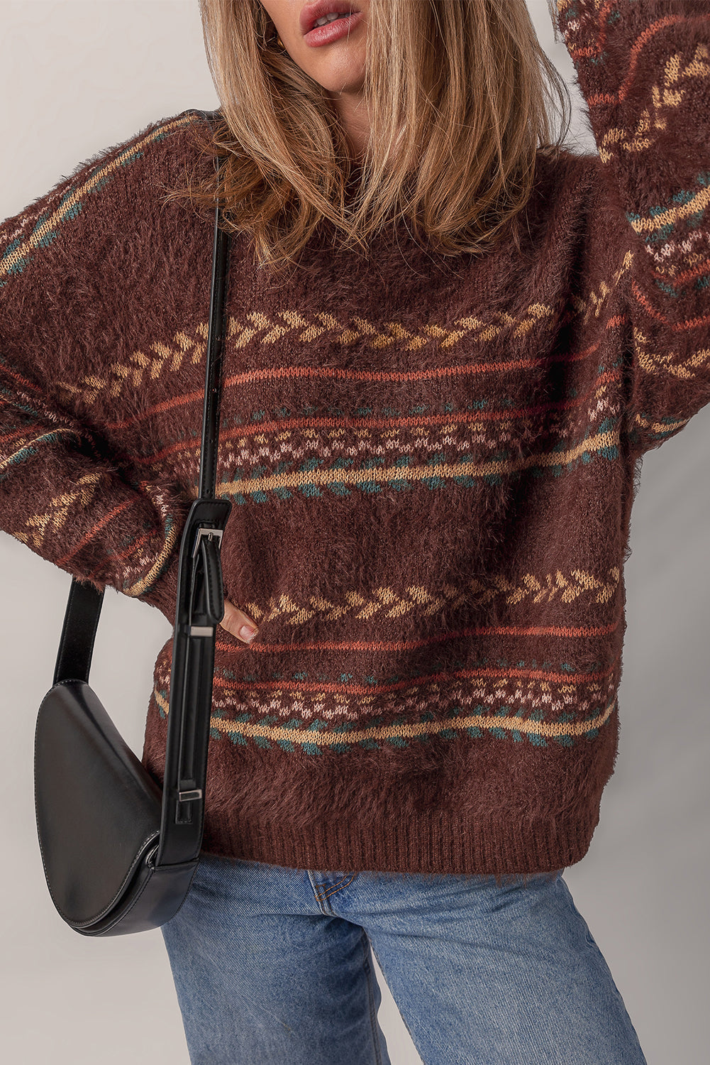 Ethnic Knit Pattern Mohair Drop-Shoulder Knit Top