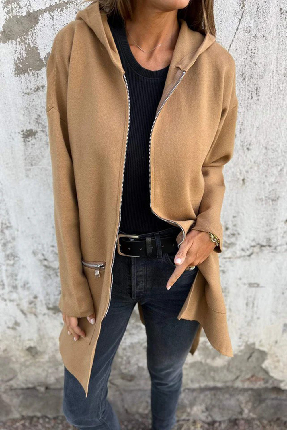 Solid Everyday Zip-Front Hooded Coat in Light French Beige