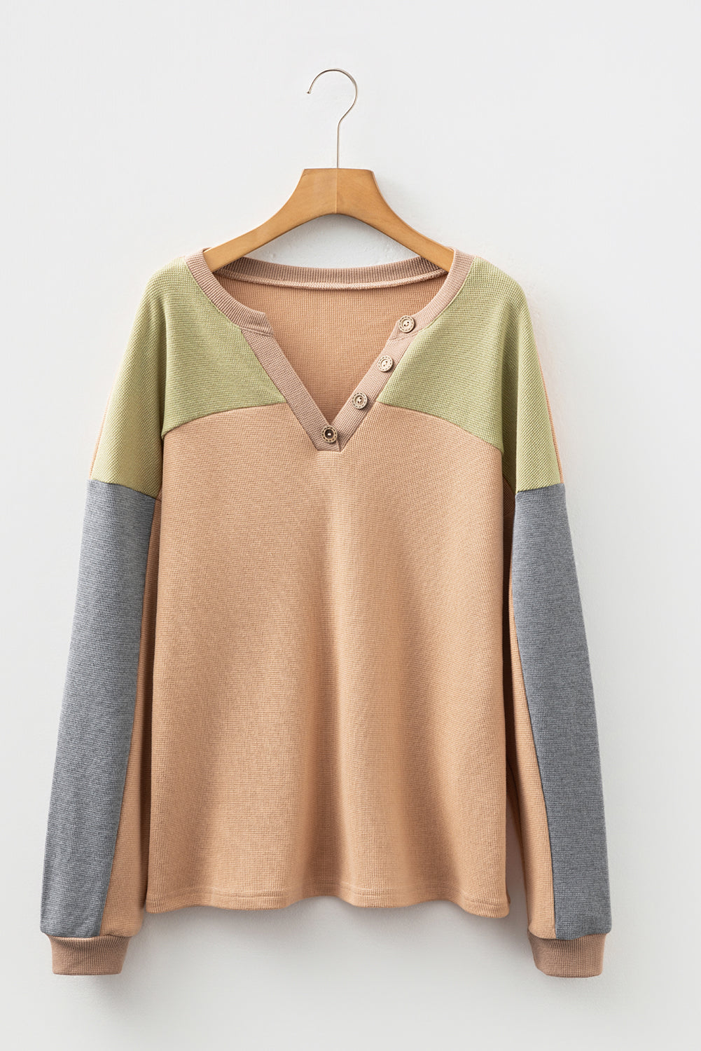 Colorblock Thermal Textured Knit Drop-Shoulder Henley Top