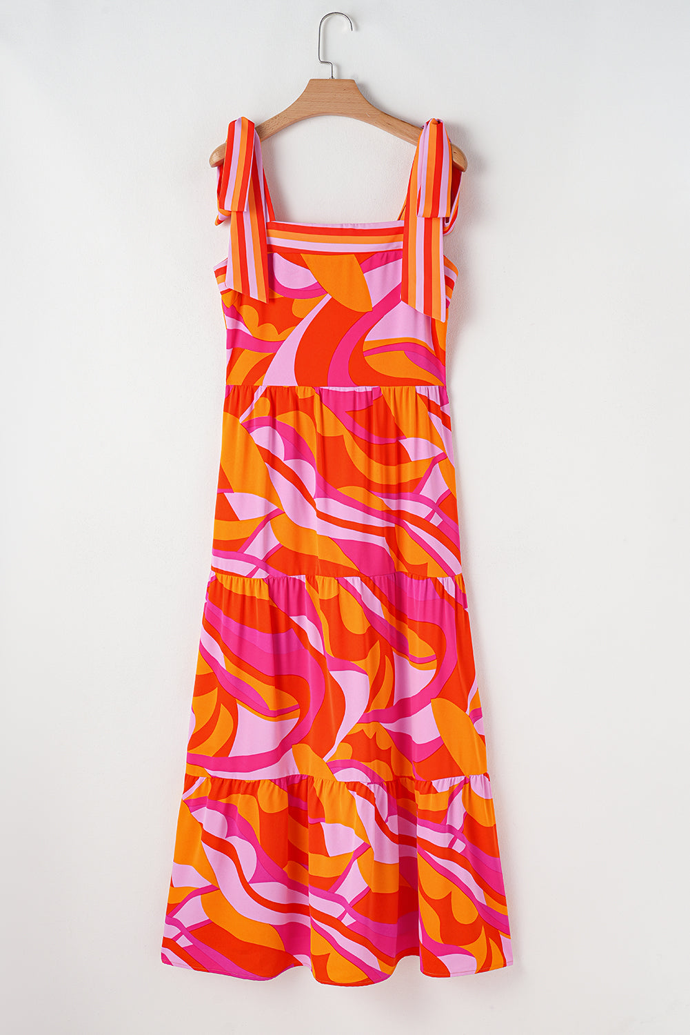 Red Abstract Print Knotted Shoulder Maxi Dress