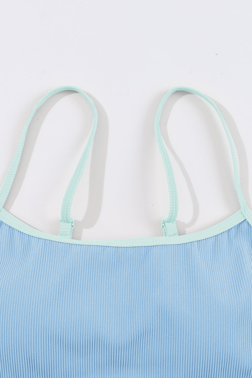 Stylish Rib-Knit Contrast Trim Spaghetti Straps 2pcs Bikini Swimsuit in Beau Blue