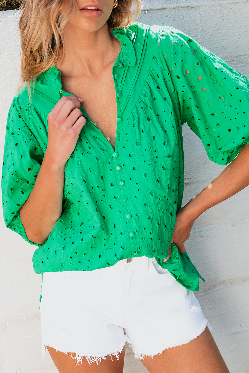 Women's Blouse with Hollow-out Balloon Sleeve
