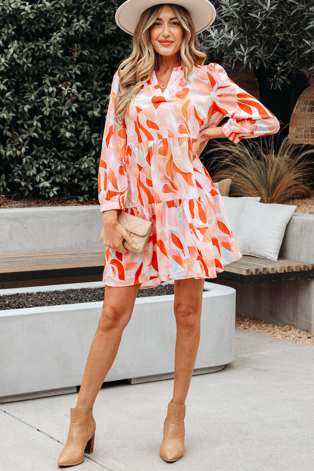 Abstract Print Split Neck Long-Sleeved Dress
