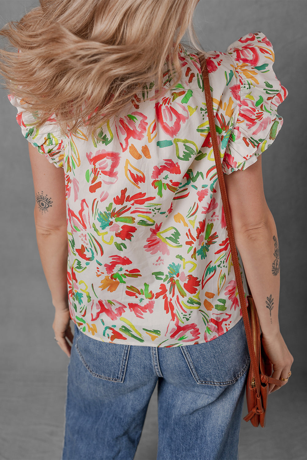Allover Flutter Floral Printed Sleeve Split Neck Blouse
