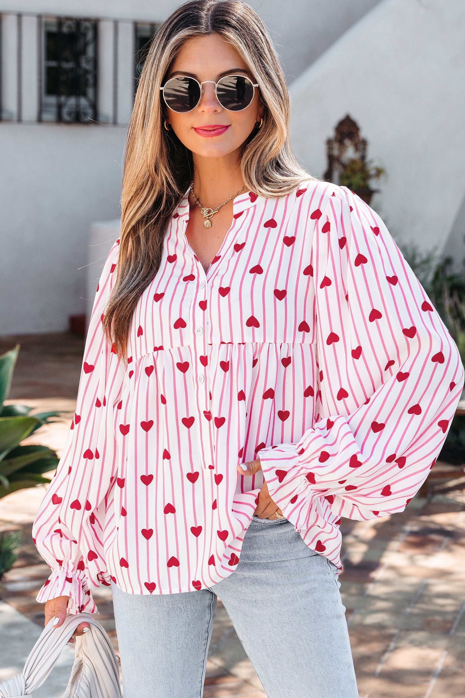 Stripe Long Heart Print Flounce Sleeve Shirt in Pink