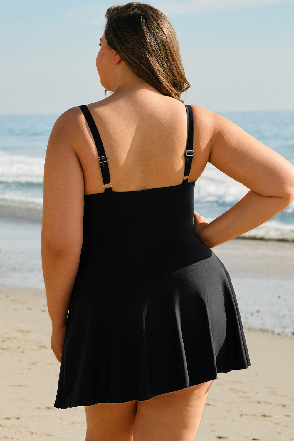 Plus Size Black Pleated Ruffled One Piece Swim Dress