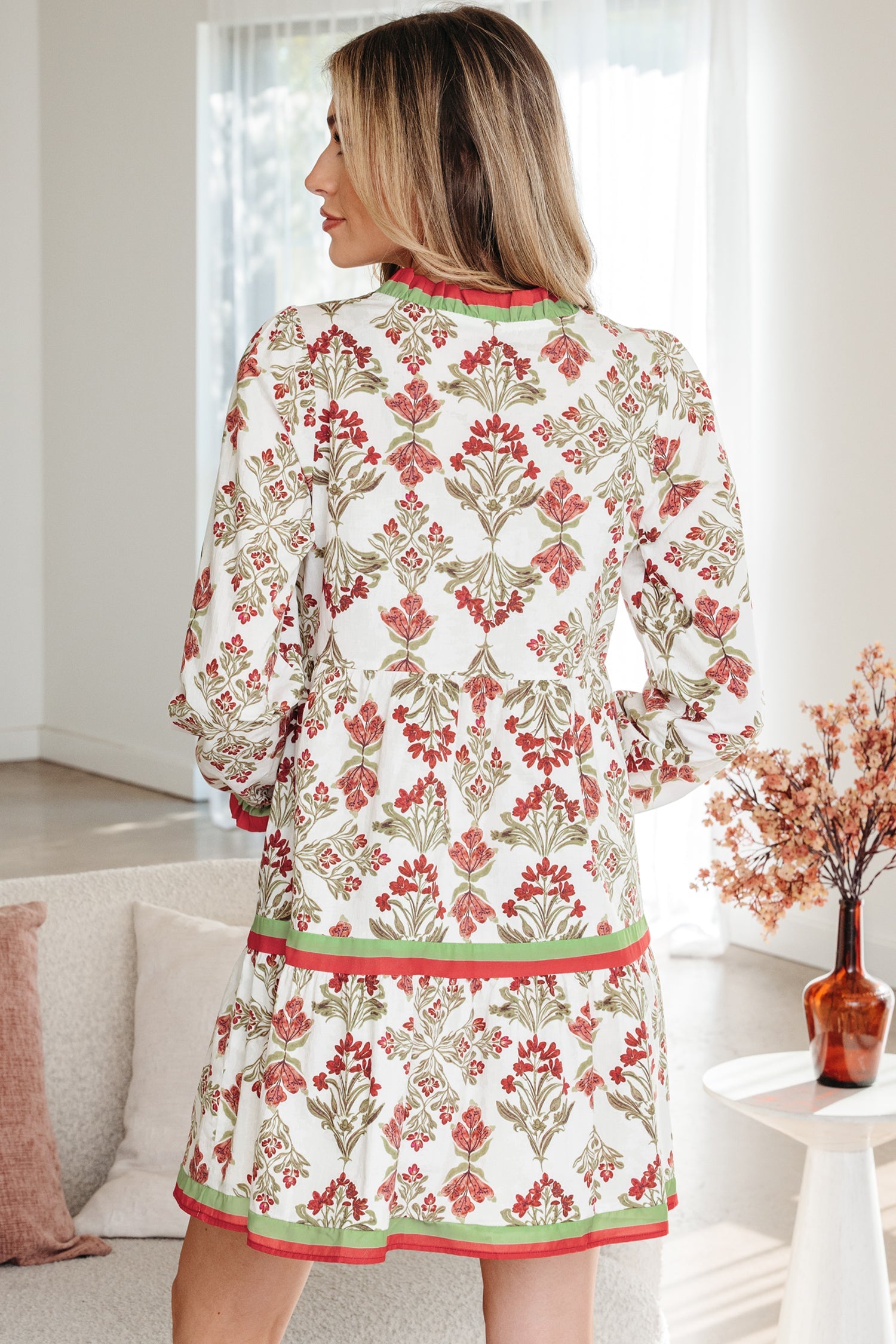Trim Floral-Print Contrast Frilled Neck Long-Sleeved Flared Dress