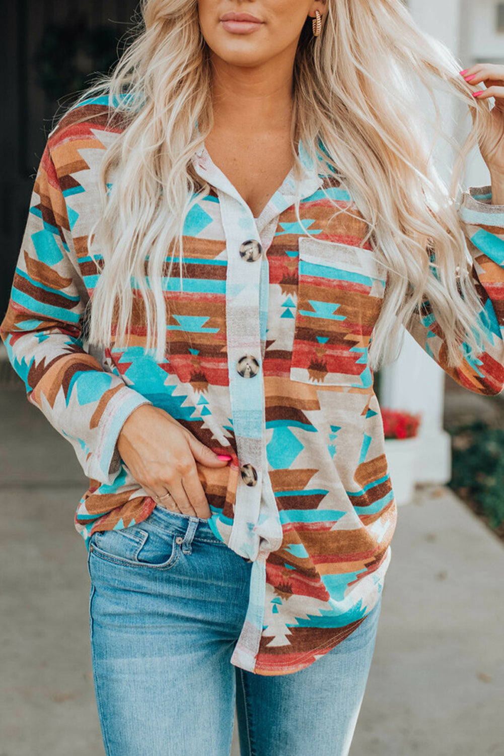 Shacket for Women Aztec Button-Front Pocket Chest Shirt
