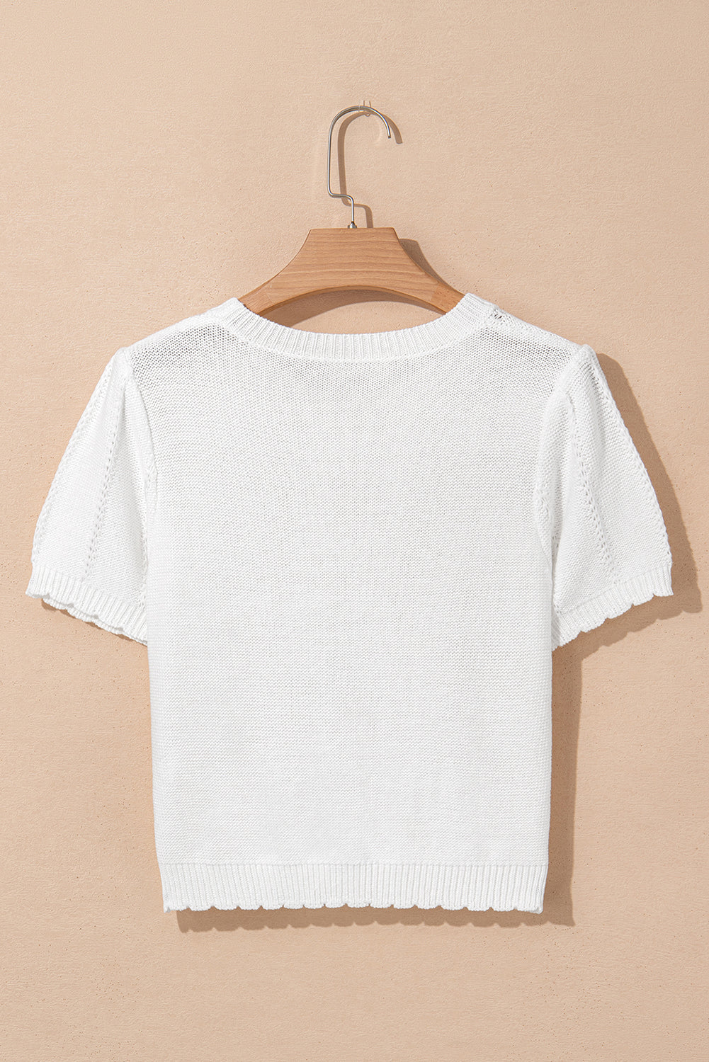White Pointelle Knit Short Sleeve Crewneck Sweater