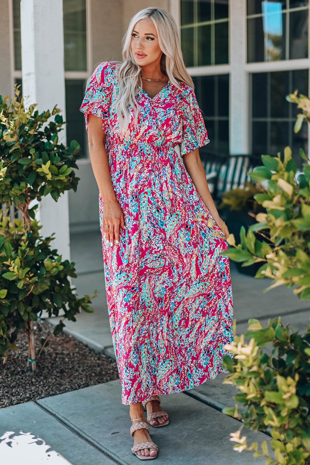 Women's Floral-Print Wrap V Neck Maxi Dress