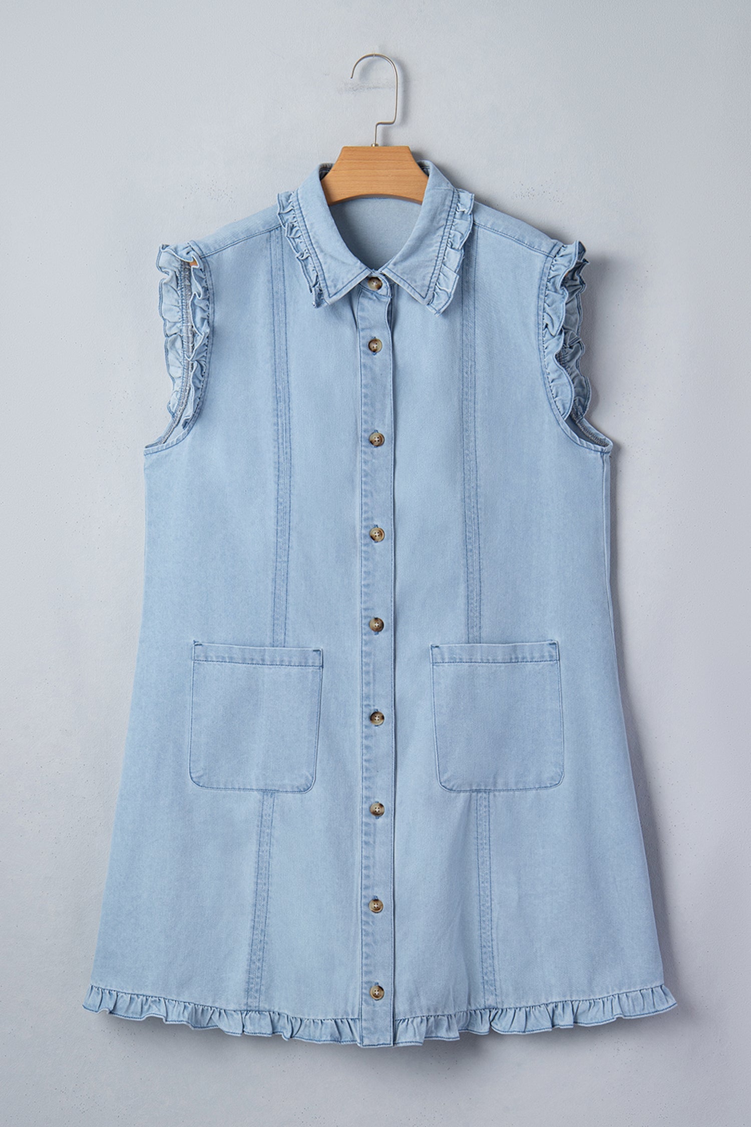 Polished Beau Blue Ruffled Edge Collared Shift Denim Dress Featuring Pockets