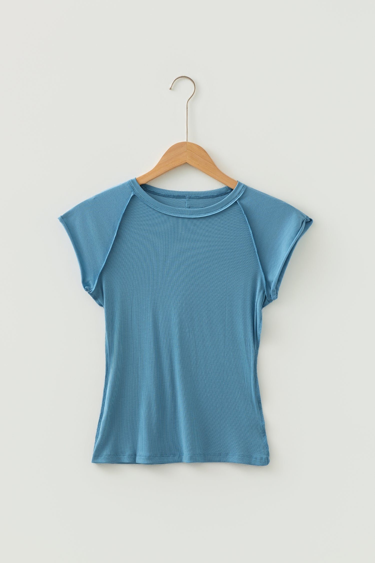 Blue Crew-Neck Summer Crew-Neck Cap Sleeve Rib-Knit T Shirt