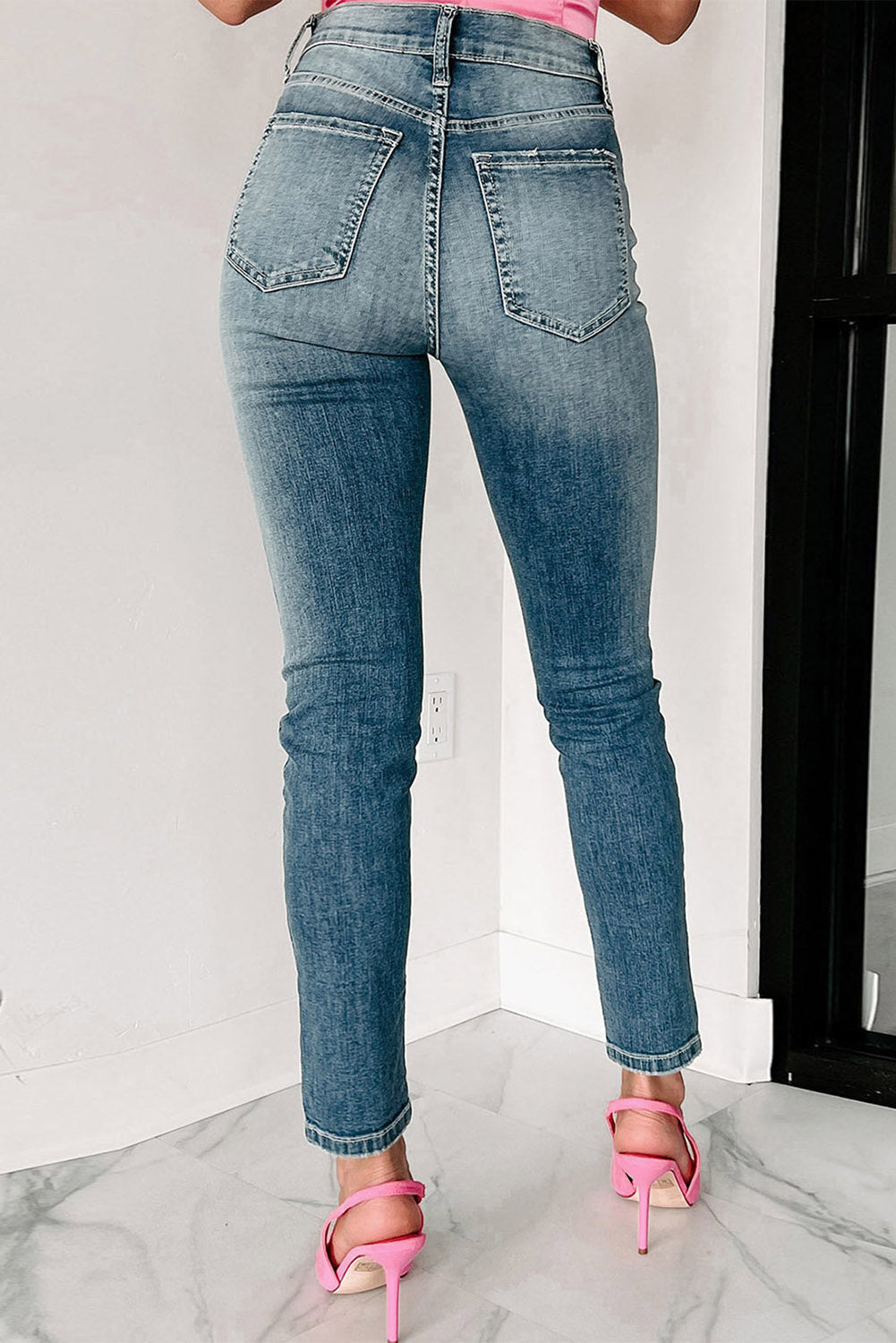 Jean skinny déchiré bleu effet vieilli