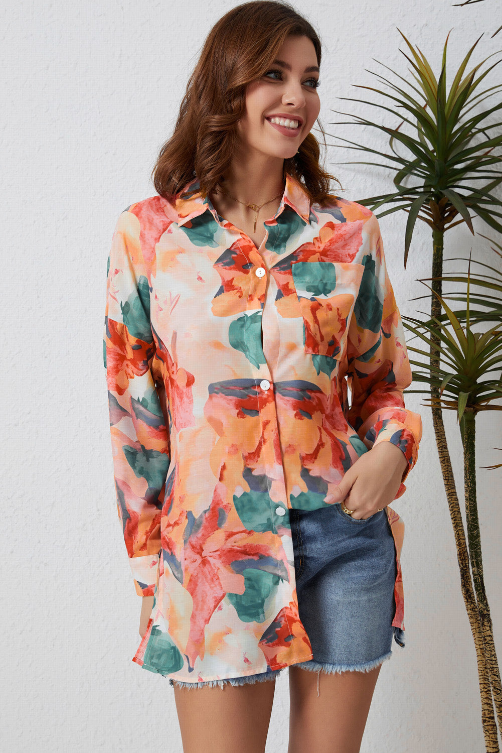 Women's Shirt with Floral-Print Print Loose