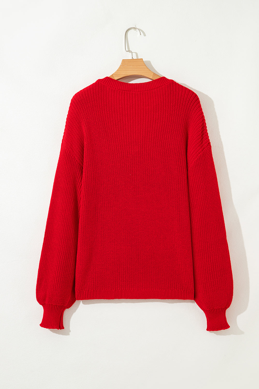 Solid Textured Knit V-Neck Drop-Shoulder Knit Top in Red