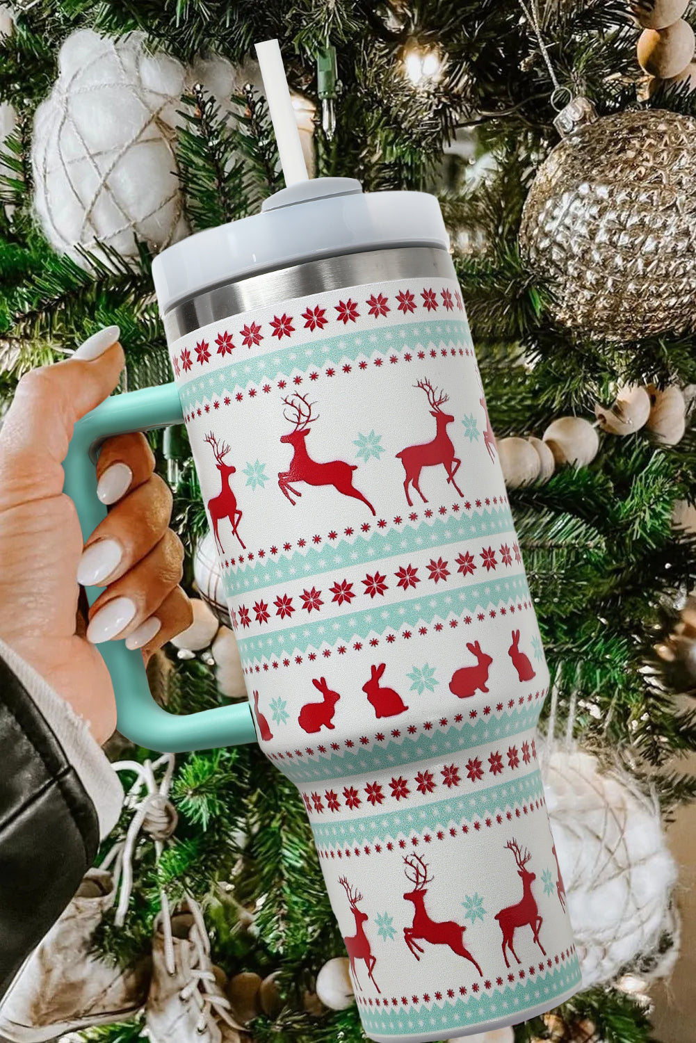 Christmas Print Handled Stainless Steel Tumblers 40oz