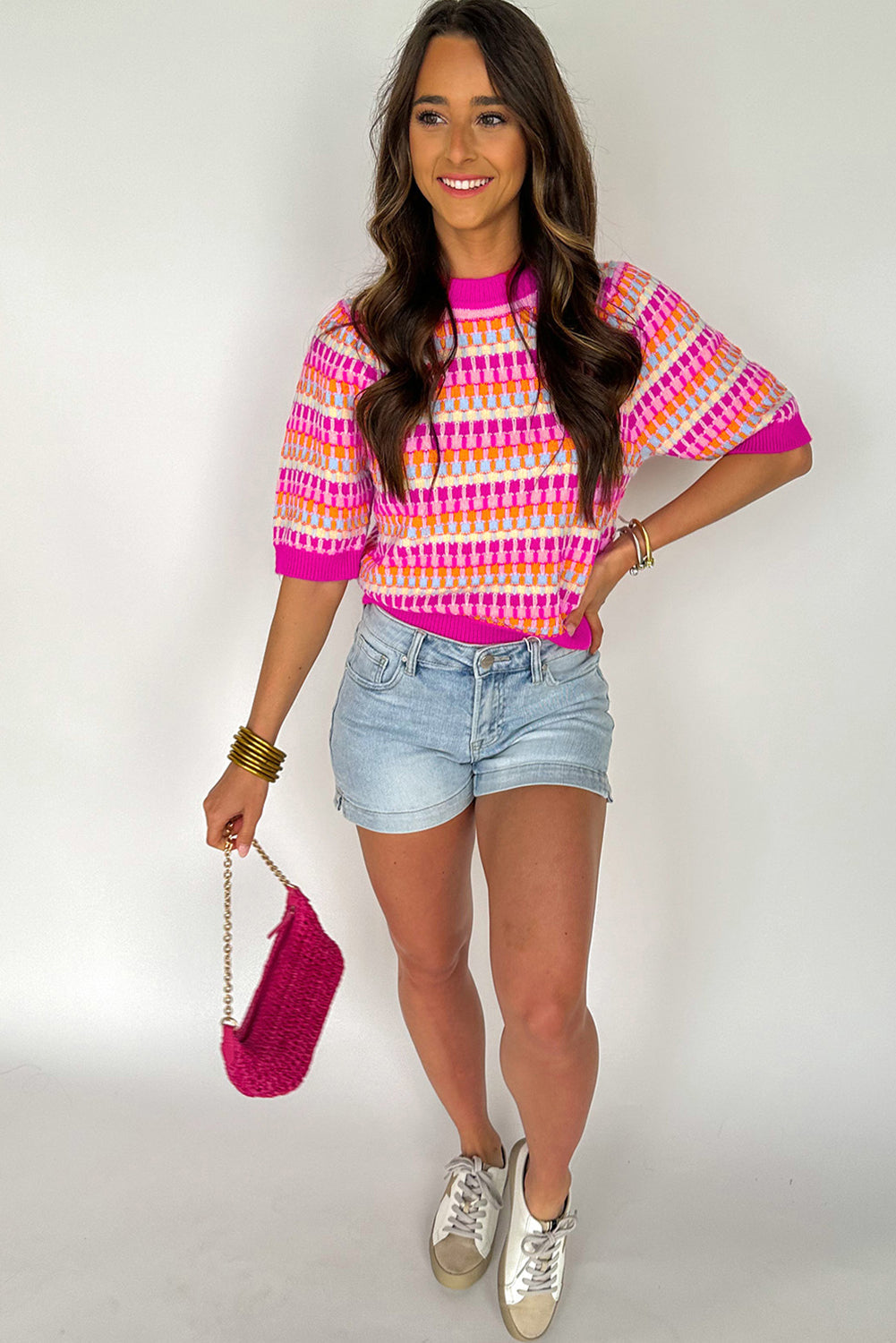 Striped Knitted Short Sleeve Sweater Top