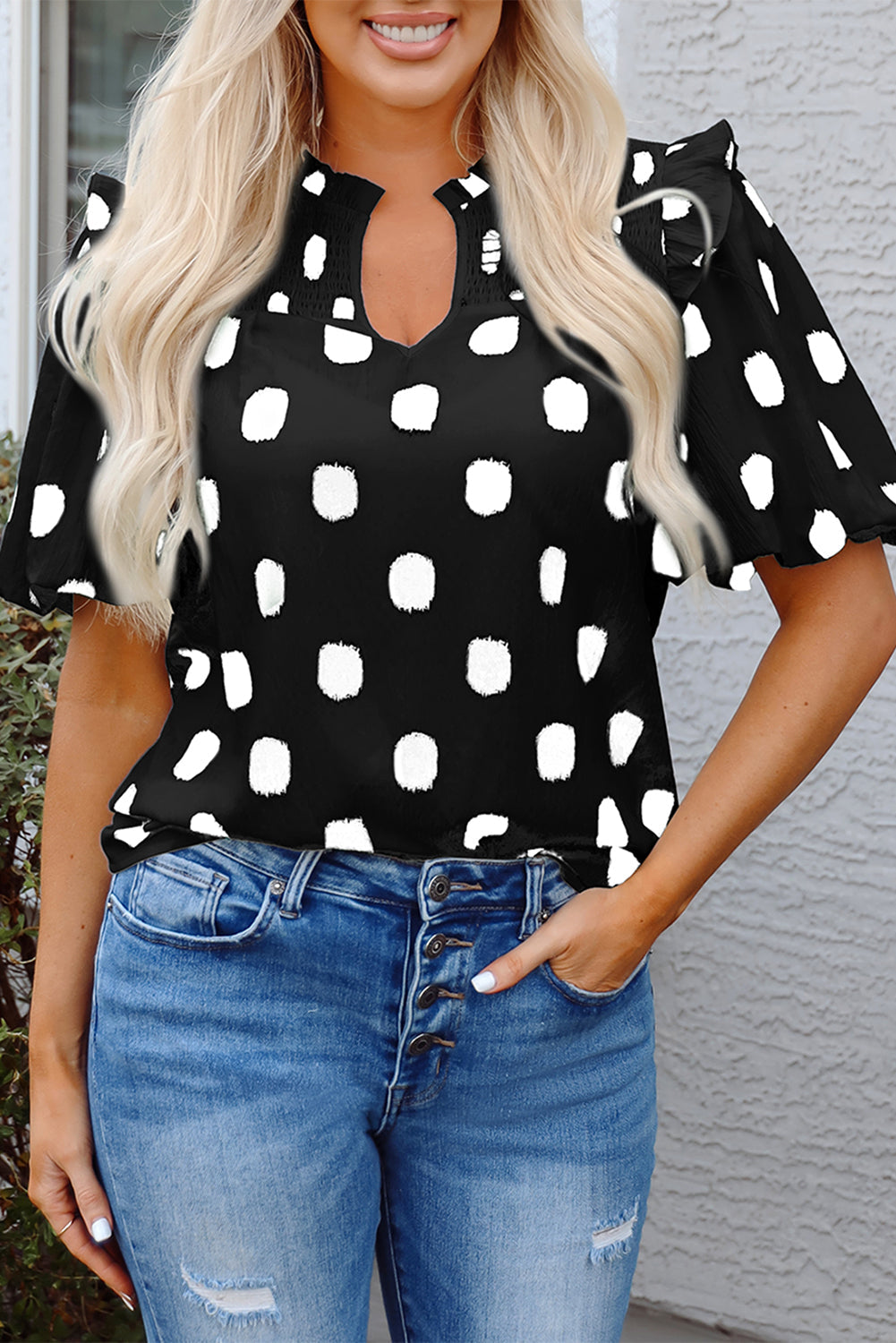Polka Dot Print Shirred Yoke Notched Neck Blouse