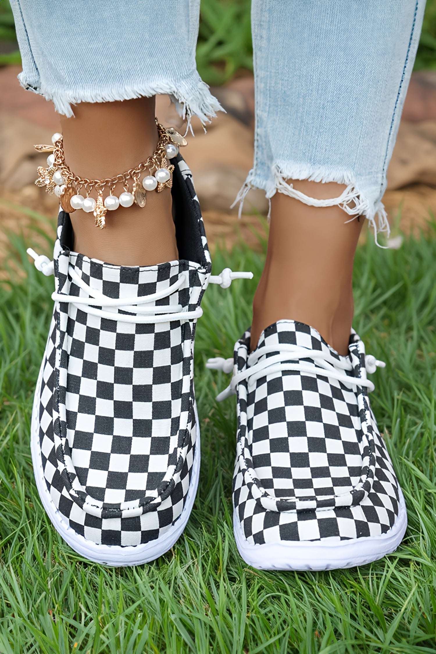 Lace-up Checkered Print Detail Flat Shoes in Black