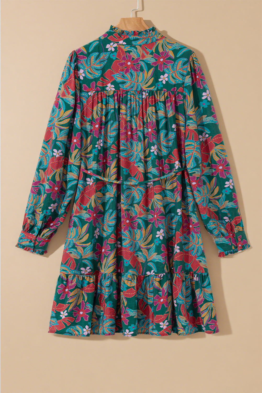 V-Neck Floral Friled Puff Sleeve Ruffled Shirt Dress