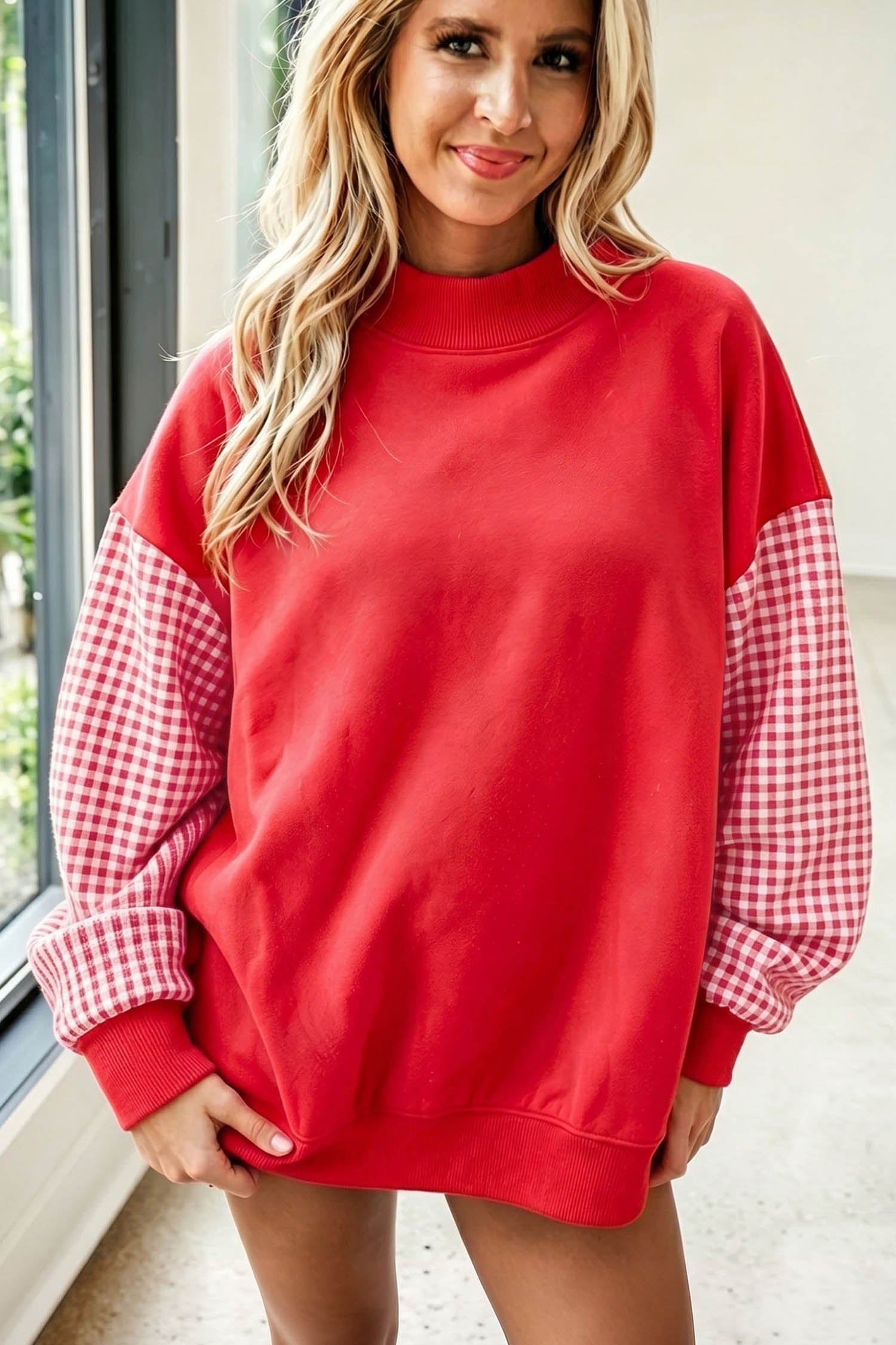 Plaid Loose Sleeve Colorblock Tunic Sweatshirt in Fiery Red