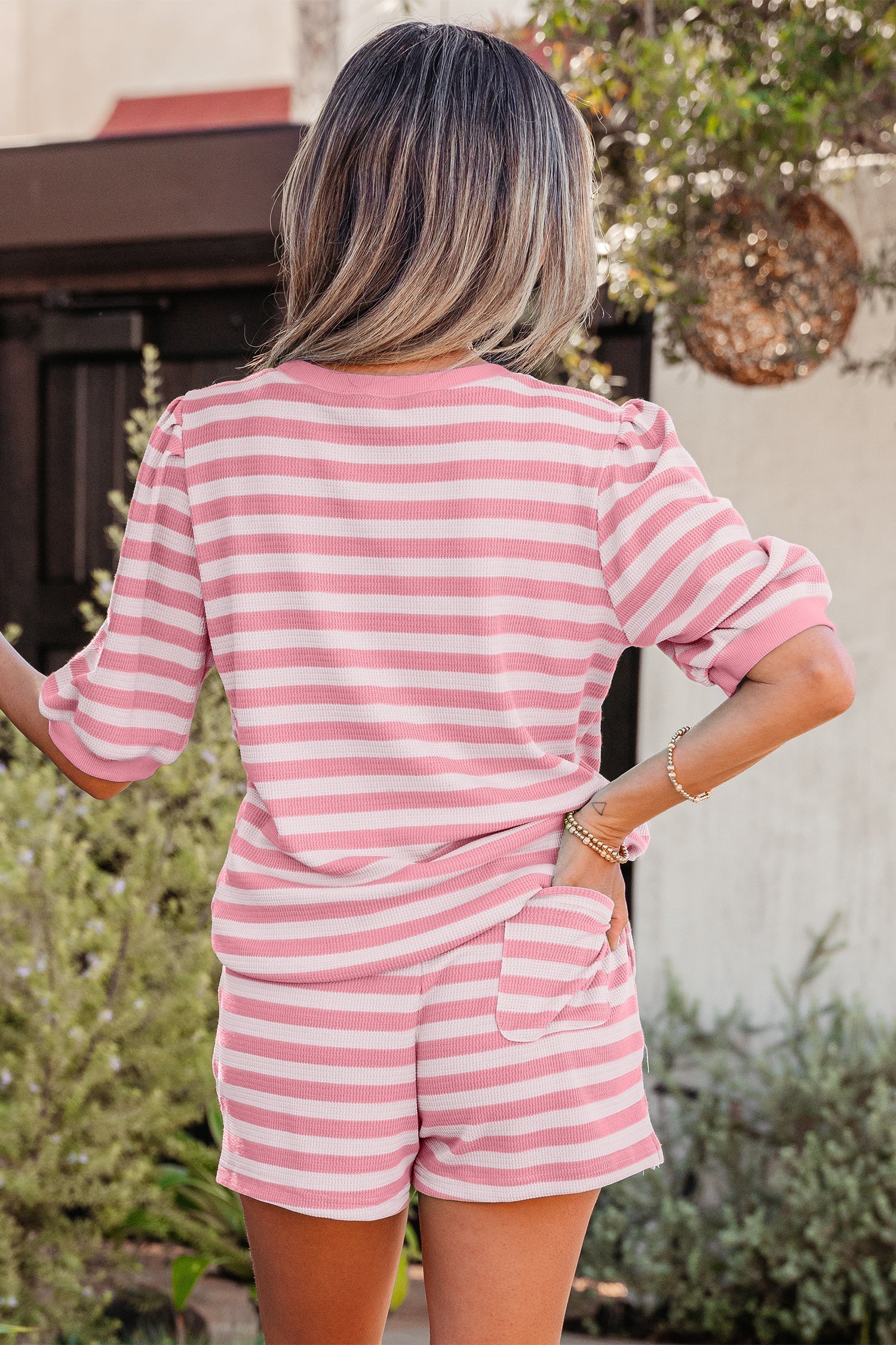Short-Sleeved Stripe Puff T Shirt Matching Shorts Set in Pink