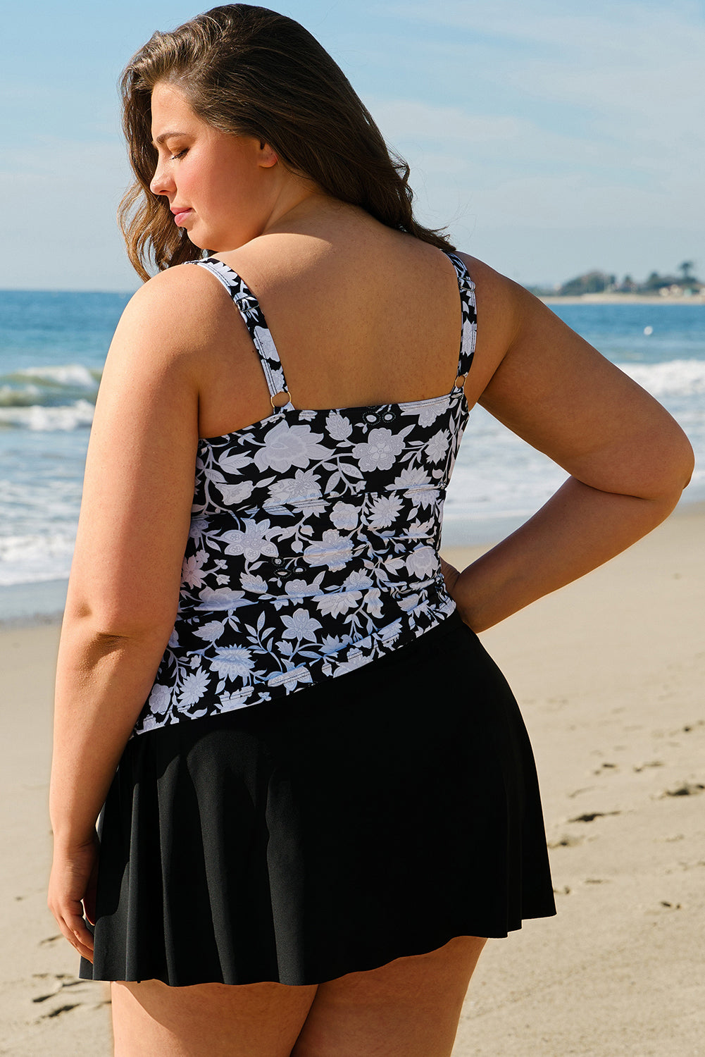 Plus Size Black Printed Ruffled Tankini Set