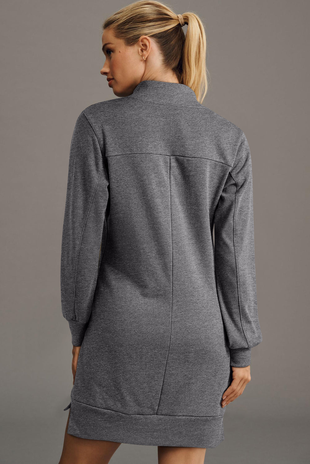 Zip-Front Patchwork Collared Rib-Knit Sweatshirt Dress Featuring Pockets