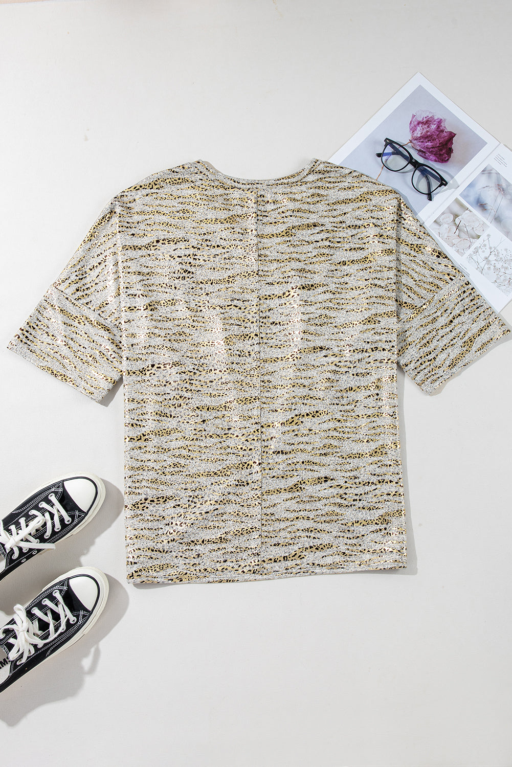 Leopard Print Half Sleeve V Neck Loose Fit T Shirt
