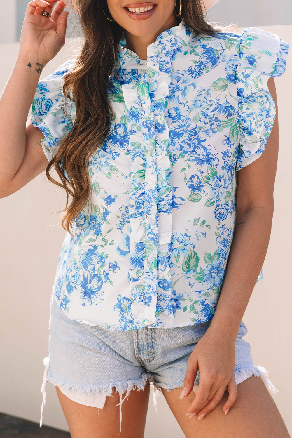 Blue Floral Print Ruffle Sleeve Frilly Button Up Shirt