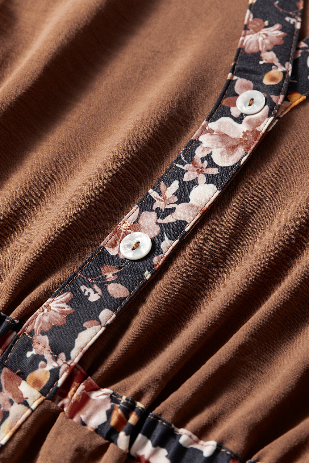 Floral Notched Patchwork Detail Neck Long-Sleeved Maxi Dress