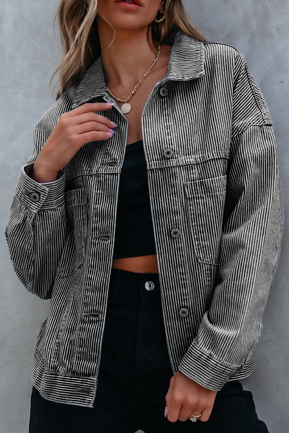 Washed Oversize Stripe Oversize Pocket-Detail Denim Jacket in Blue