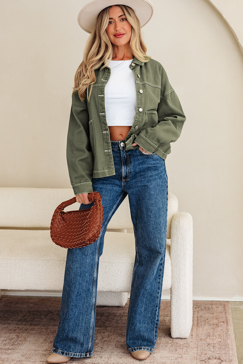 Collared Patched Pocket Button Front Boyfriend Denim Jacket