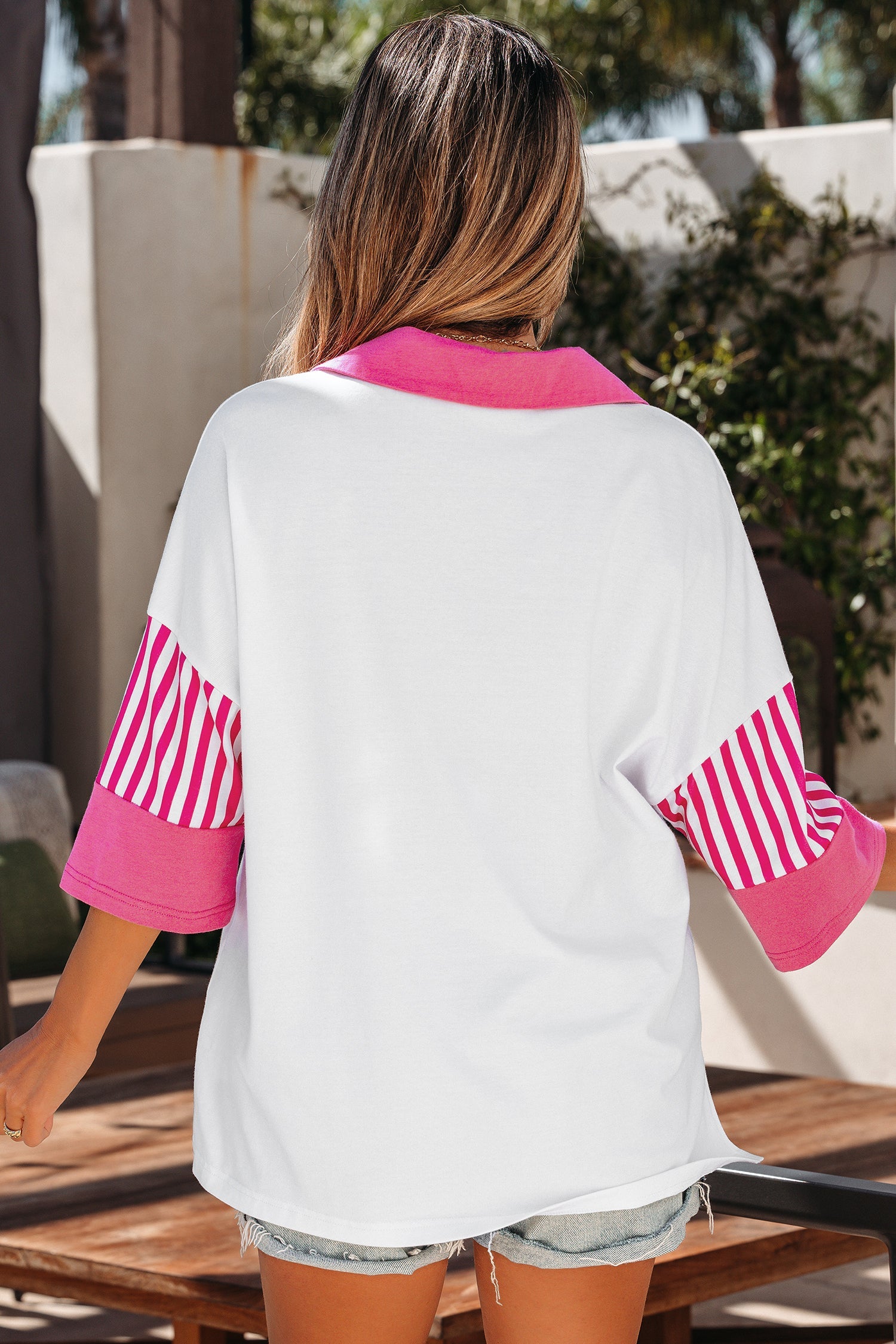 Striped Collar Colorblock Polo Half Sleeve T Shirt in White