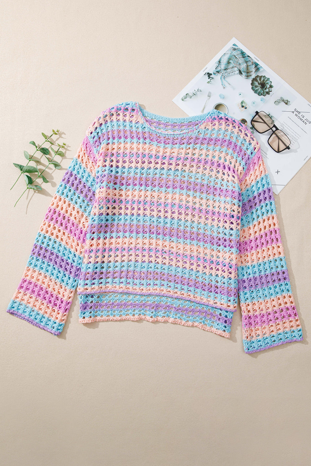 Multi Stripe Open Knit Sweater Beach Cover Up