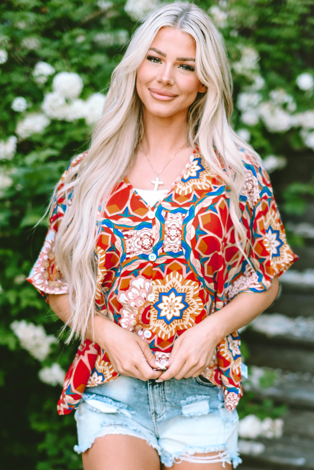 Women's Blouse Featuring Floral-Print Batwing Sleeve V Neck