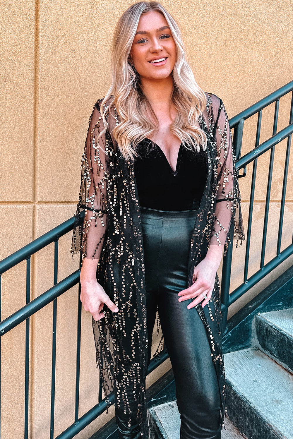 Women's Kimono with Open Front Sequin Semi-Sheer Long-Sleeve