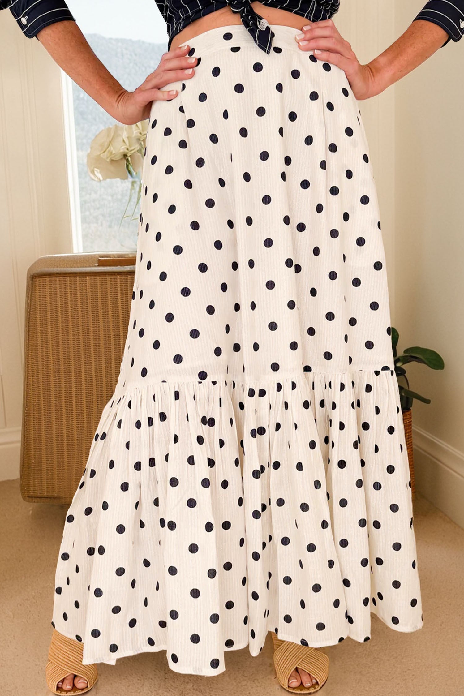 Polka-Dot Maxi Ruffled Slit Skirt in White