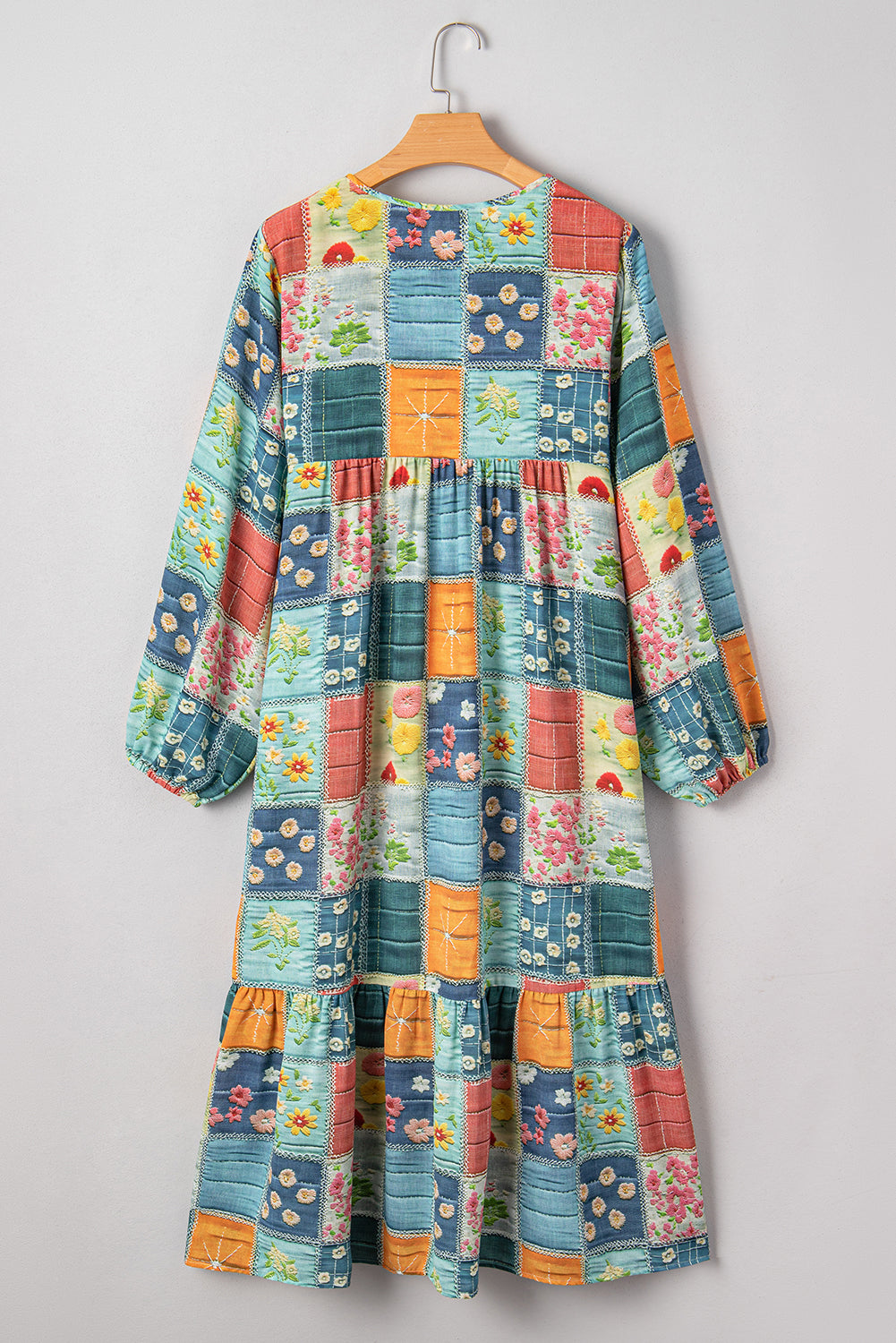 Checkered Mix Floral Pattern Bubble Sleeve Ruffle Hem Dress