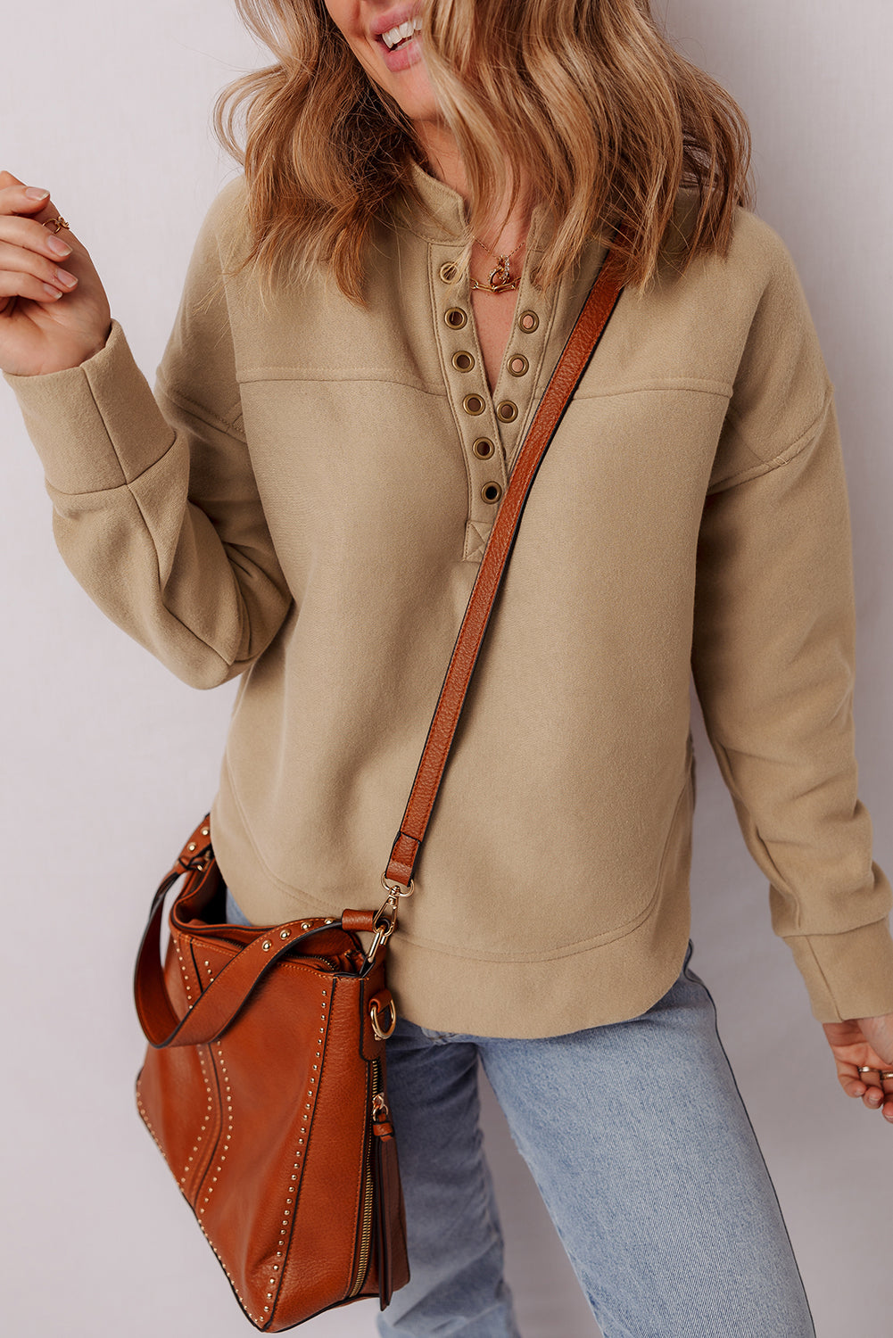 Grommet Detail V-Neck Sweatshirt