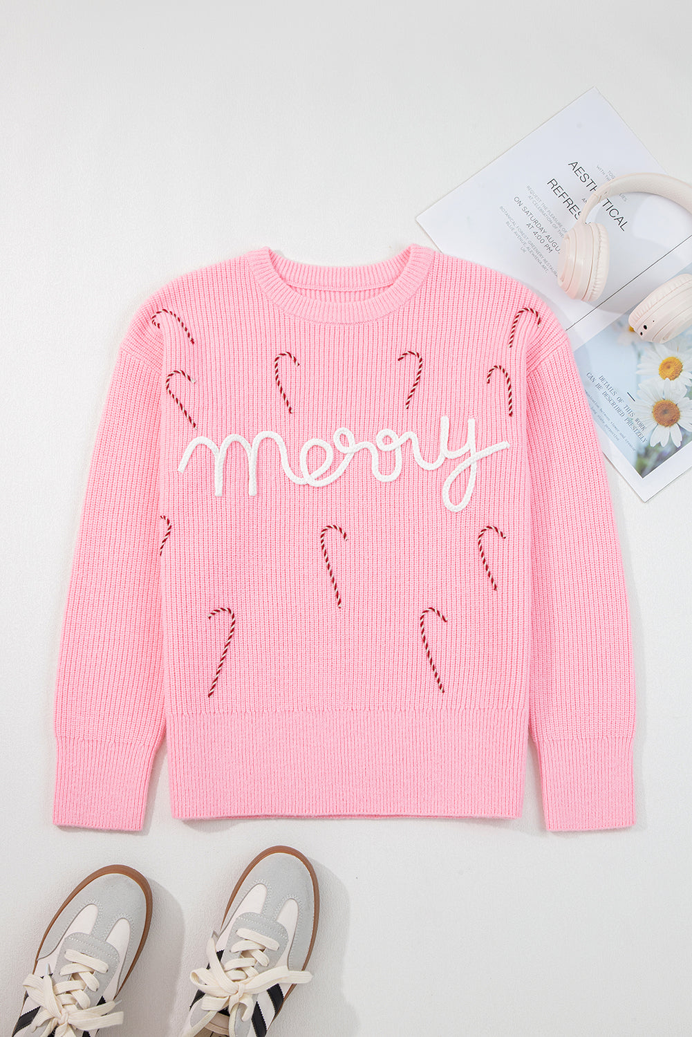 Cane Merry Candy Puffy Knit Crew-Neck Knit Top