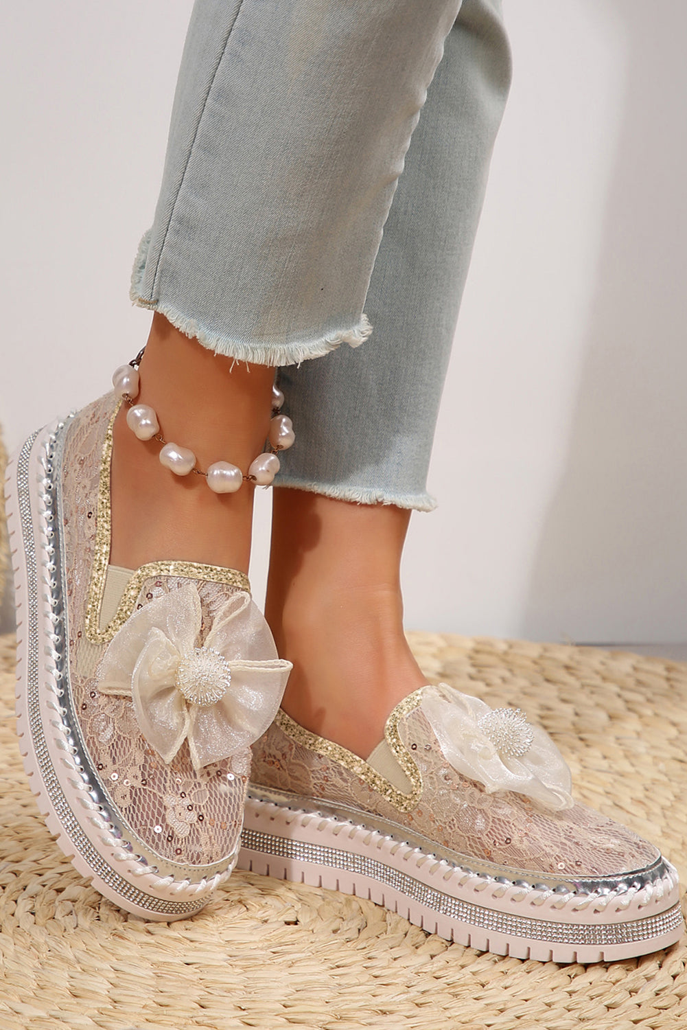 Decor Glossy Bow Breathable Lace Loafer Shoes