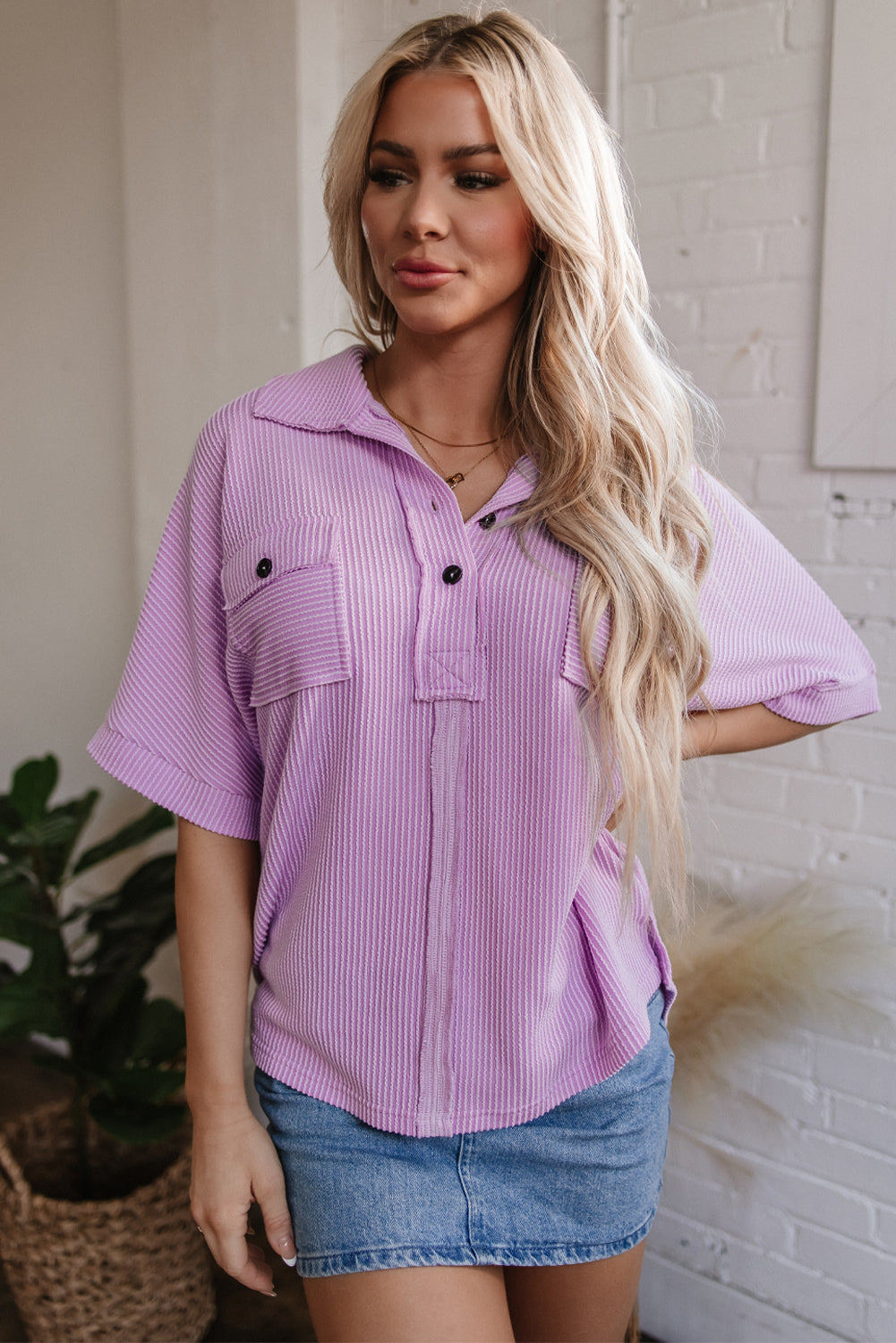 Corded Flap Pocket Collared Short Sleeve Blouse