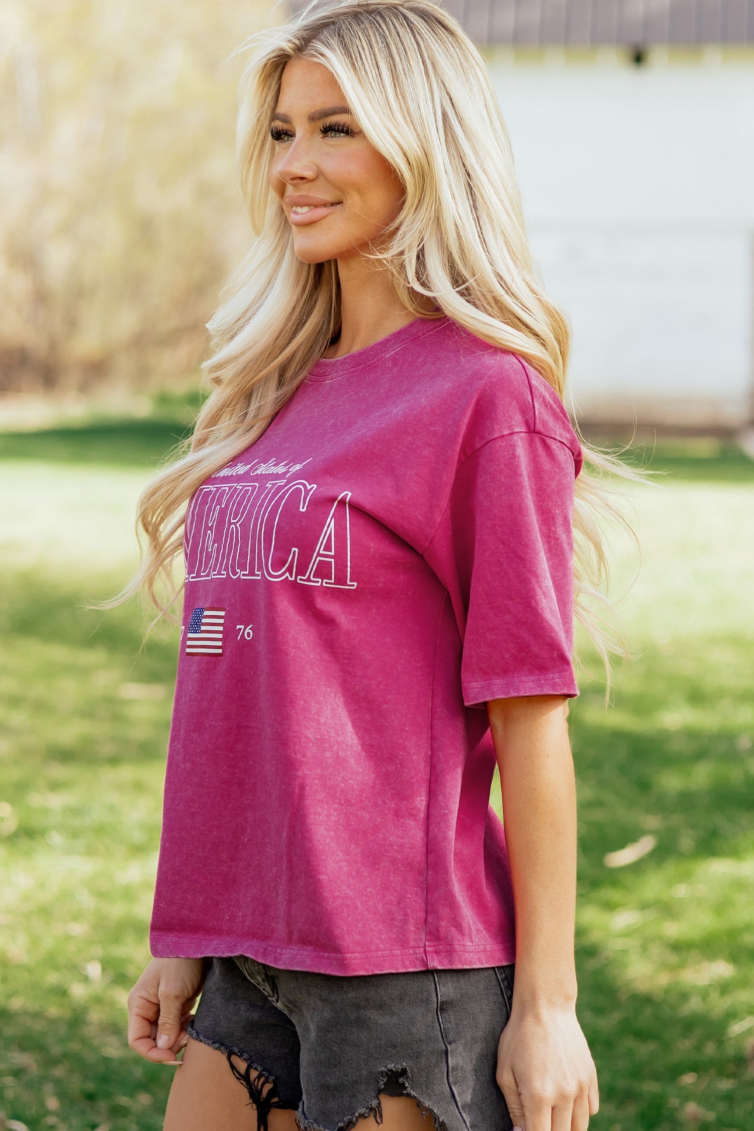 AMERICA Mineral 1776 Graphic Wash Cotton Tee in Rose Red