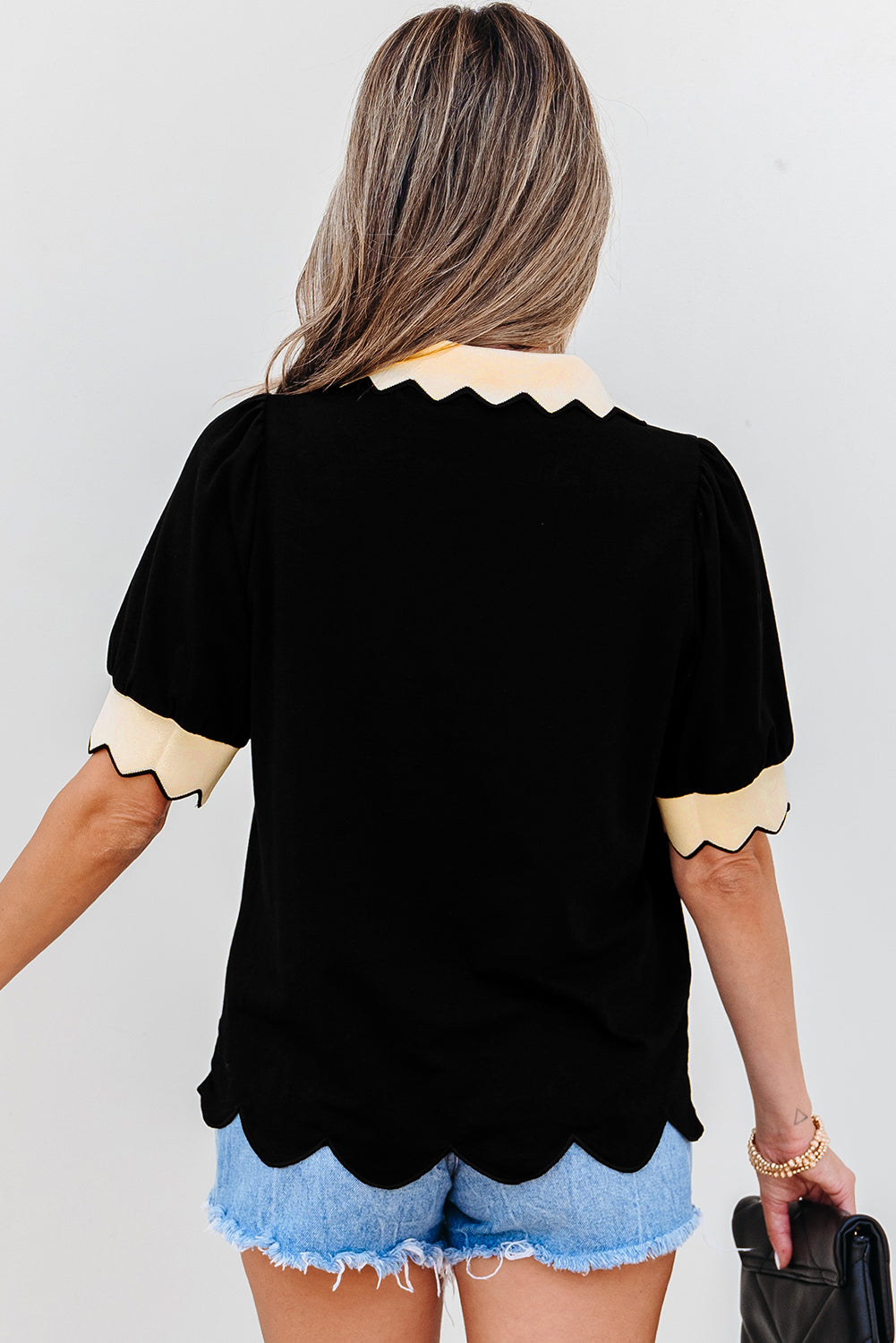 Color V-Neck Contrast Collared Puff Sleeve Blouse
