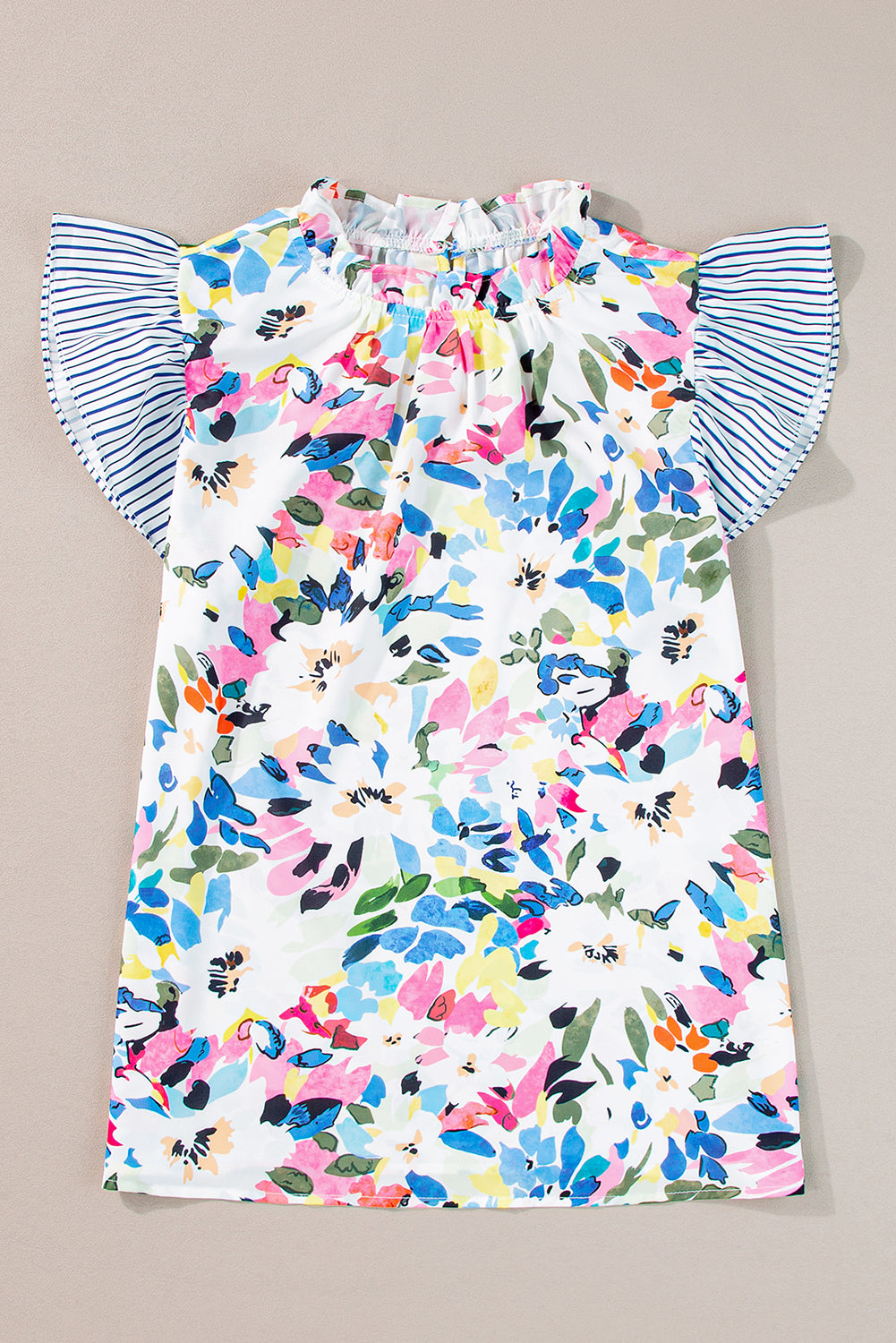 Women's Blouse with Floral-Print Print Striped Ruffle-Trimmed Sleeve