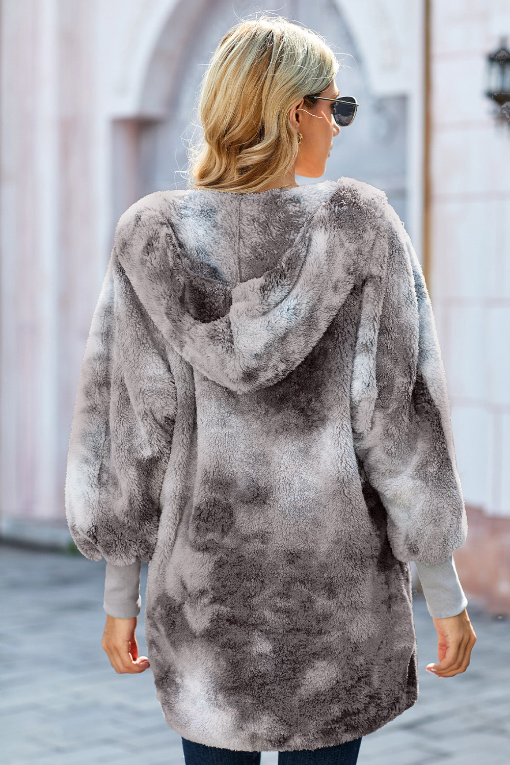 Women's Coat with Women's Gray Tie Dye Soft Fleece Hooded Open Front