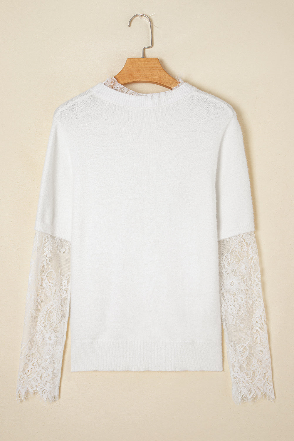 Lace Faux Sleeve Patchwork Two-piece Fuzzy Knit Top in White