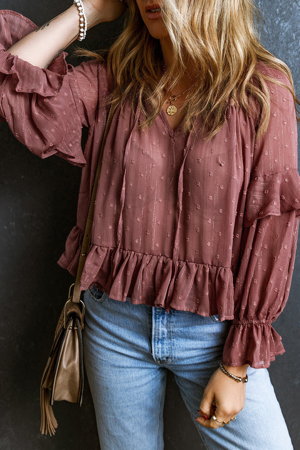 Women's Blouse with Ruffle-Trimmed Swiss Dot Lace-Trimmed up V Neck